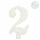 Tortes svece skaitlis "2", balta, spīdīga,  9.5 cm 
