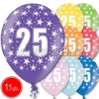 12"/30 cm lateksa baloni, 25 dzimšanas diena, assortimenta  dažadas krasas, 15 gab.