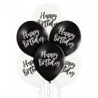 Happy Birthday – 30 cm. baloni 6 gab., pastelis: melns un balts,  apdruka 1 krāsā / 2 pusēs